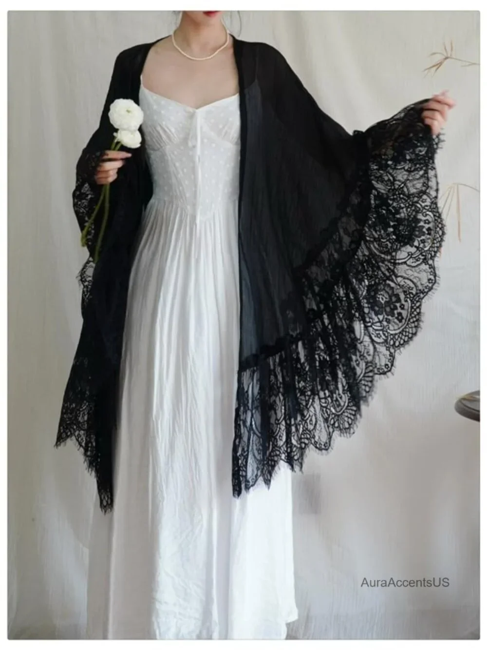 Vintage Style Lace Chiffon Cloak Shawl Wrap Bridal Stole Party